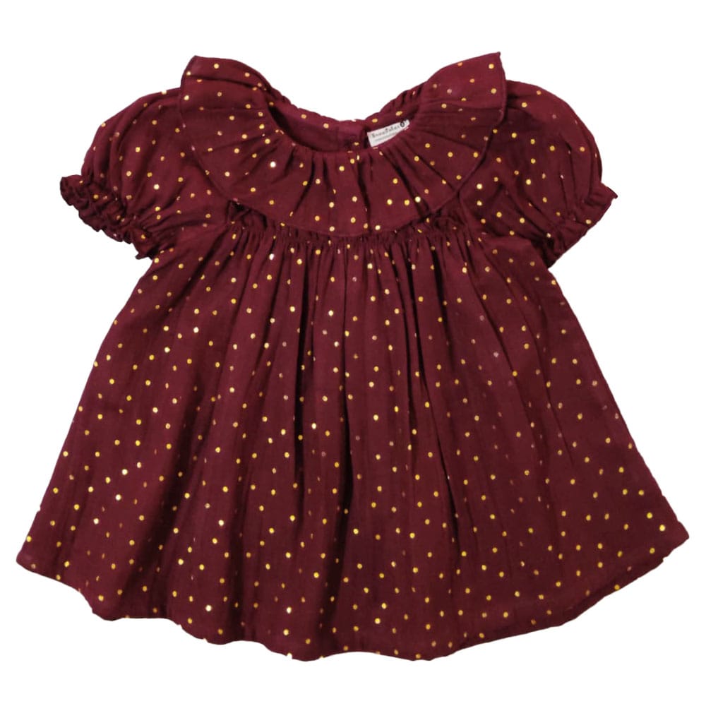 Snowflakes Girls' Short Sleeve, Double Muslin Fabric Dress - Maroon
