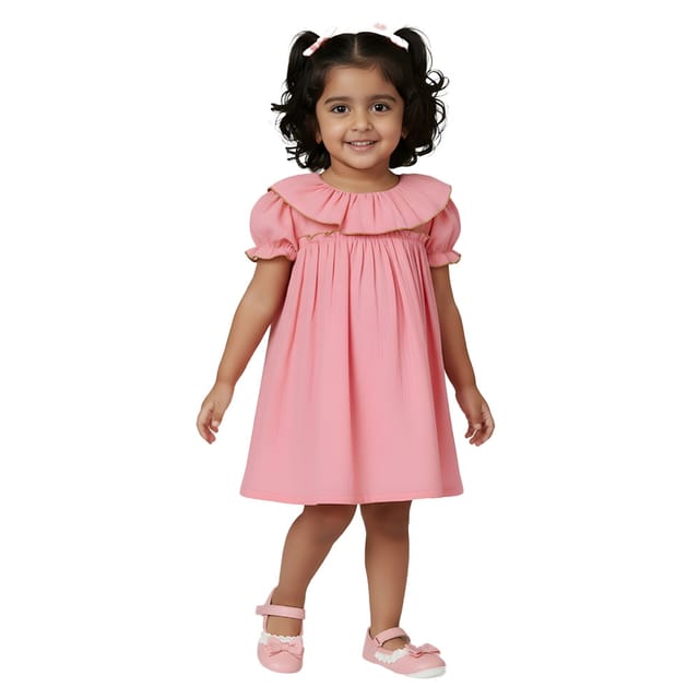 Snowflakes Girls' Short Sleeve, Double Muslin Fabric Dress - Pink