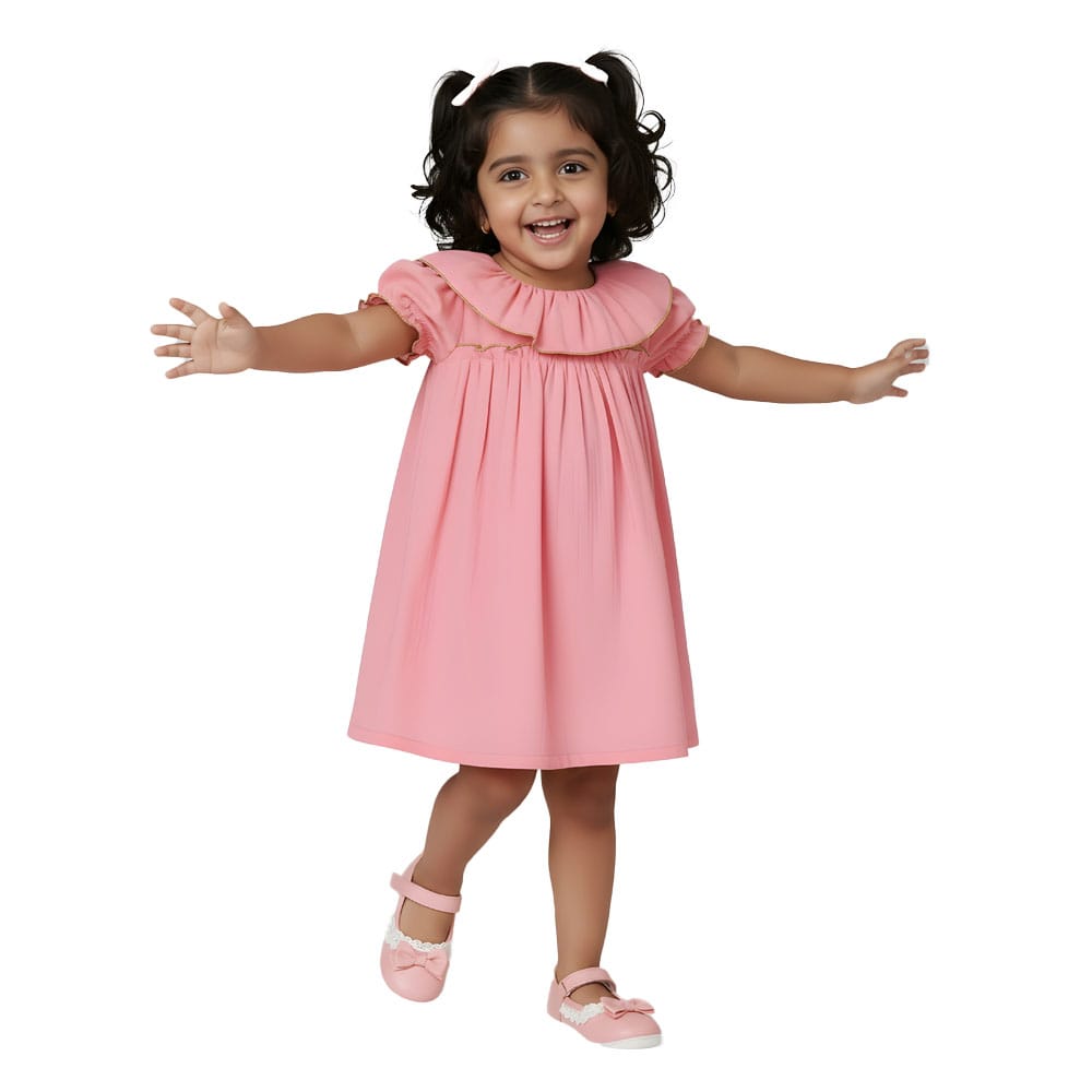 Snowflakes Girls' Short Sleeve, Double Muslin Fabric Dress - Pink