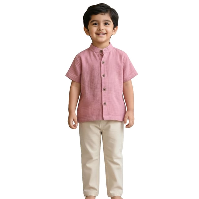 Snowflakes Boys Half Sleeve Double Gauze Fabric Solid Shirt - Pink