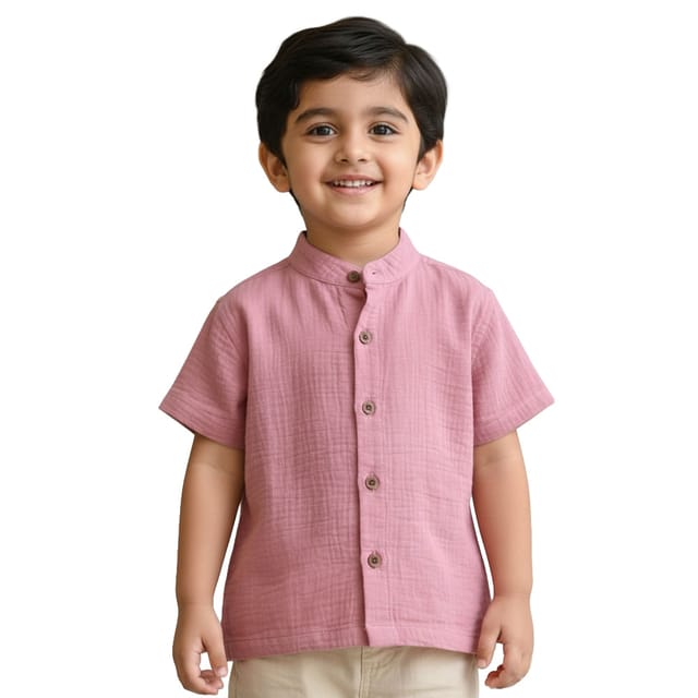 Snowflakes Boys Half Sleeve Double Gauze Fabric Solid Shirt - Pink