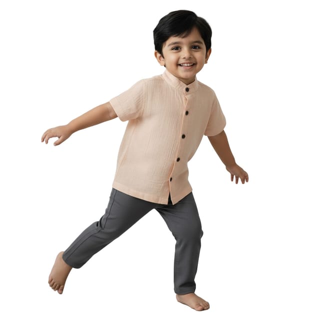 Snowflakes Boys Half Sleeve Double Gauze Fabric Solid Shirt - Beige