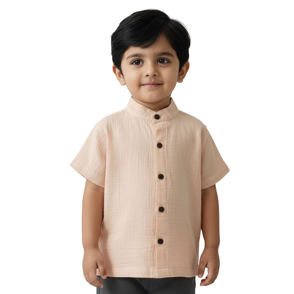 Snowflakes Boys Half Sleeve Double Gauze Fabric Solid&nbsp;Shirt&nbsp;- Beige