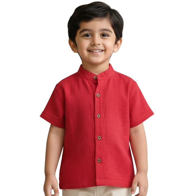 Snowflakes Boys Half Sleeve Double Gauze Fabric Solid Shirt - Red