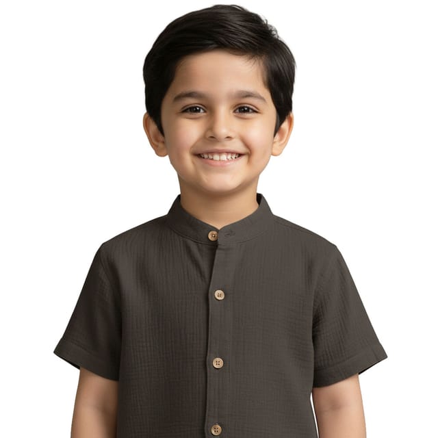 Snowflakes Boys Half Sleeve Double Gauze Fabric Solid Shirt - Charcoal Grey