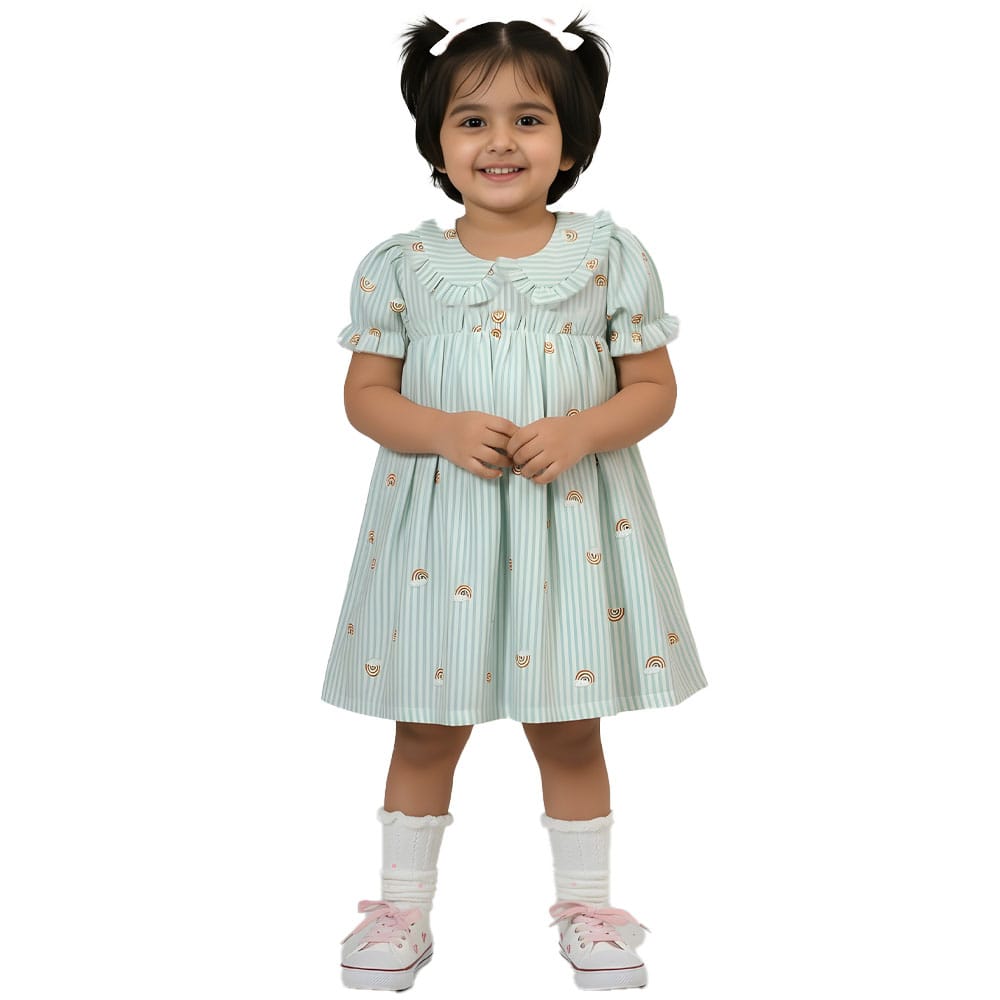 Snowflakes Girls' Short Sleeve, Peter Pan Collared, Solid Printed Dress - Pista Green