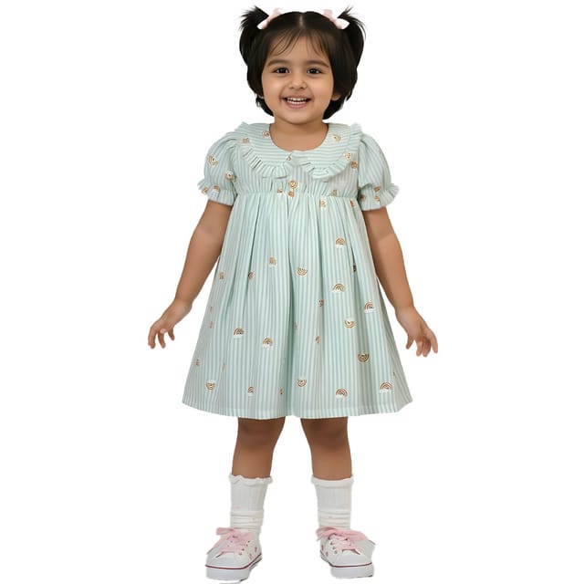 Snowflakes Girls' Short Sleeve, Peter Pan Collared, Solid Printed Dress - Pista Green