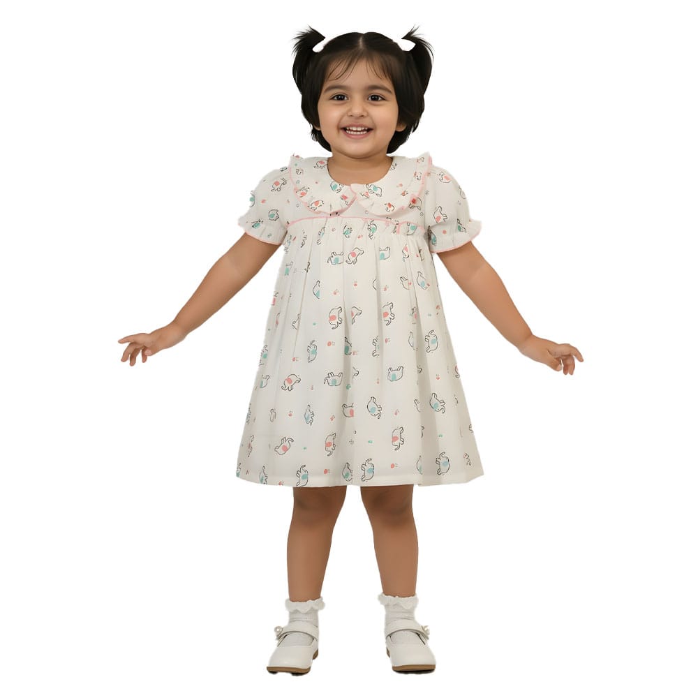 Snowflakes Girls' Short Sleeve, Peter Pan Collared, Double Fabric, Printed Dress - White