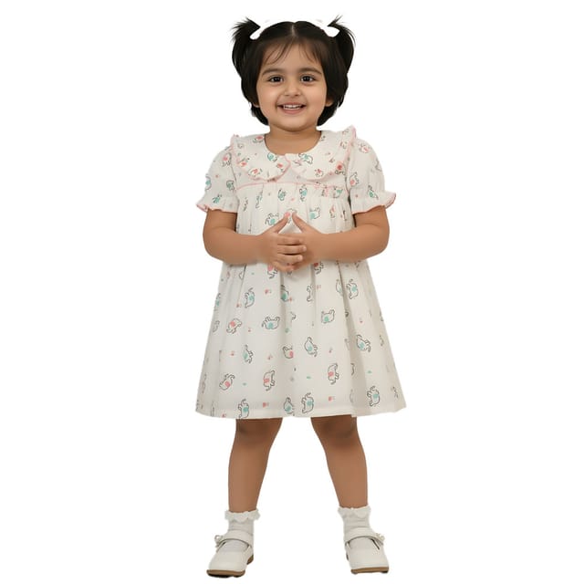 Snowflakes Girls' Short Sleeve, Peter Pan Collared, Double Fabric, Printed Dress - White