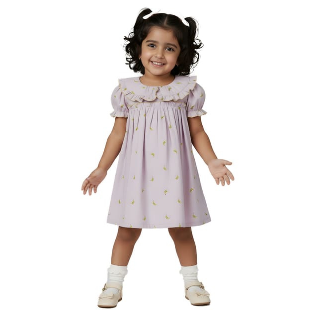 Snowflakes Girls' Short Sleeve, Peter Pan Collared, Double Fabric, Printed Dress - Lavender