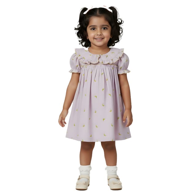 Snowflakes Girls' Short Sleeve, Peter Pan Collared, Double Fabric, Printed Dress - Lavender