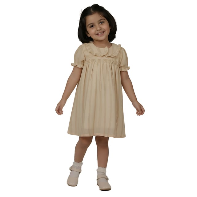 Snowflakes Girls' Short Sleeve, Peter Pan Collared, Double Fabric, Striped Dress - Off White