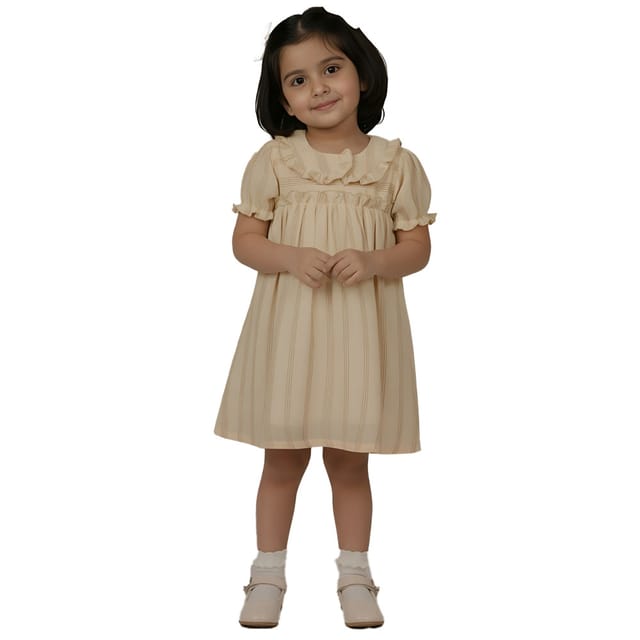 Snowflakes Girls' Short Sleeve, Peter Pan Collared, Double Fabric, Striped Dress - Off White