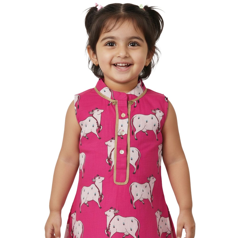 Snowflakes Girls Sleeveless Kurti Set With Straight Pants, With Cow Prints - Pink