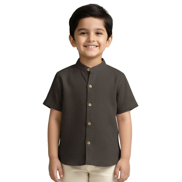 Snowflakes Boys Half Sleeve Double Gauze Fabric Solid Shirt - Charcoal Grey