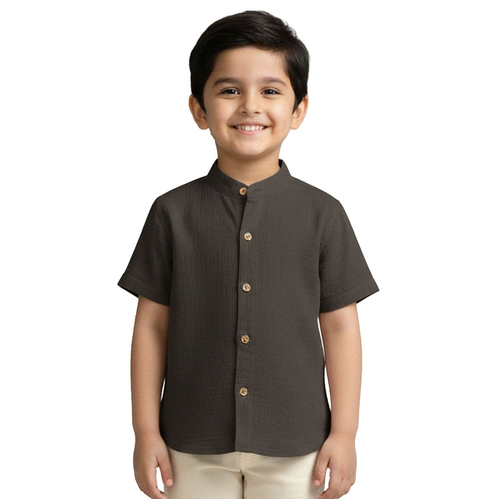 Snowflakes Boys Half Sleeve Double Gauze Fabric Solid&nbsp;Shirt&nbsp;- Charcoal Grey