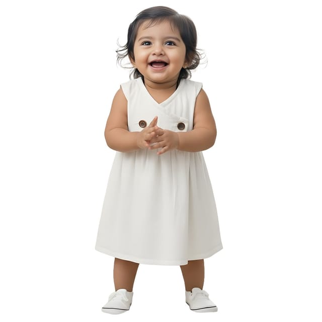 Snowflakes Girls Sleeveless Double Muslin Frock - White