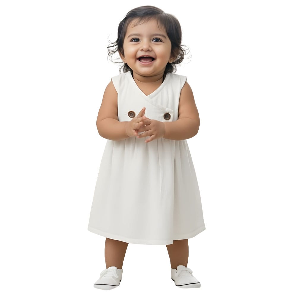 Snowflakes Girls Sleeveless Double Muslin Frock - White