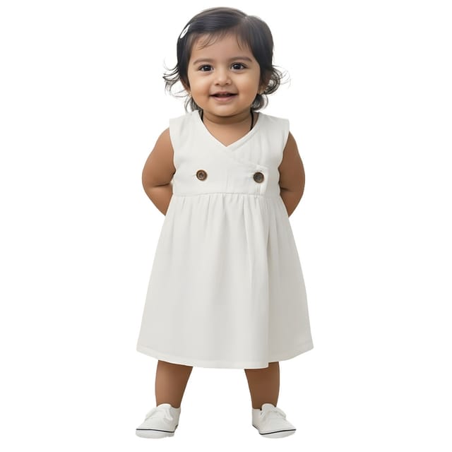 Snowflakes Girls Sleeveless Double Muslin Frock - White