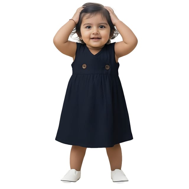 Snowflakes Girls Sleeveless Double Muslin Frock - Navy Blue
