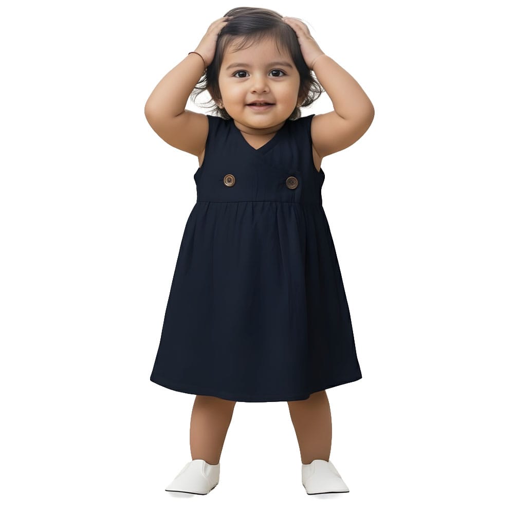 Snowflakes Girls Sleeveless Double Muslin Frock - Navy Blue