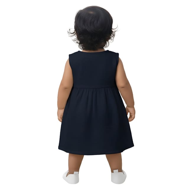 Snowflakes Girls Sleeveless Double Muslin Frock - Navy Blue