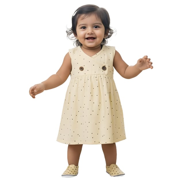 Snowflakes Girls Sleeveless Double Muslin Frock - Cream