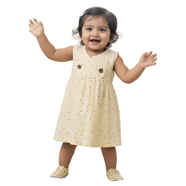 Snowflakes Girls Sleeveless Double Muslin Frock - Cream