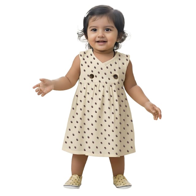 Snowflakes Girls Sleeveless Double Muslin Frock With Flower Print - Cream
