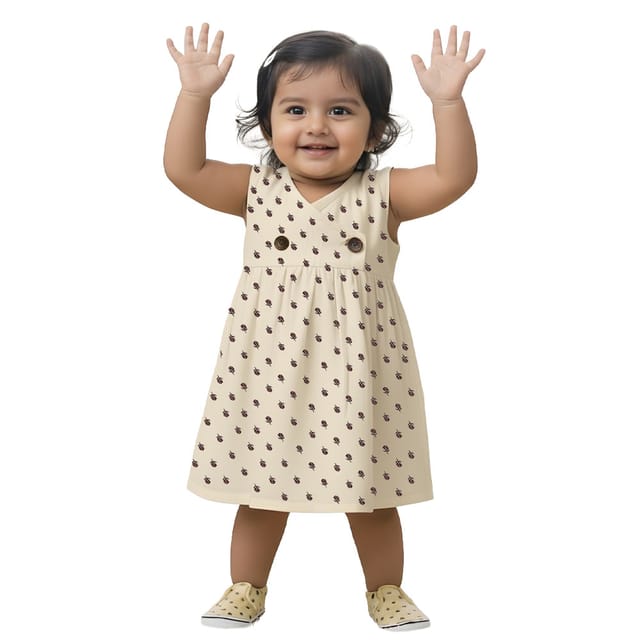 Snowflakes Girls Sleeveless Double Muslin Frock With Flower Print - Cream