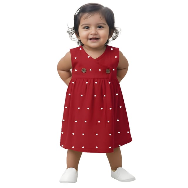 Snowflakes Girls Sleeveless Double Muslin Frock With Heart Print - Red
