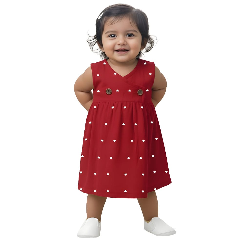 Snowflakes Girls Sleeveless Double Muslin Frock With Heart Print - Red