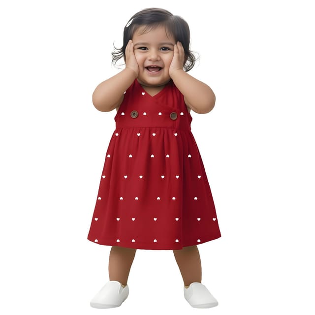 Snowflakes Girls Sleeveless Double Muslin Frock With Heart Print - Red