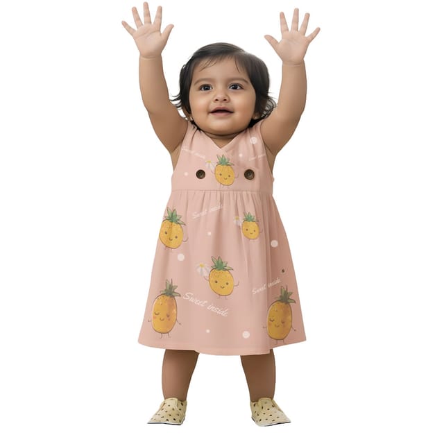 Snowflakes Girls Sleeveless Double Muslin Frock With Orange Print - Peach