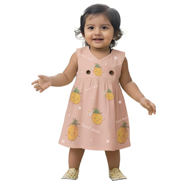 Snowflakes Girls Sleeveless Double Muslin Frock With Orange Print - Peach