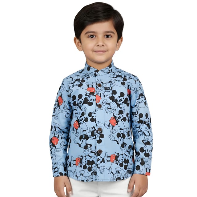 Snowflakes Full Sleeve Shirt With Mickey Mouse Print - Blue