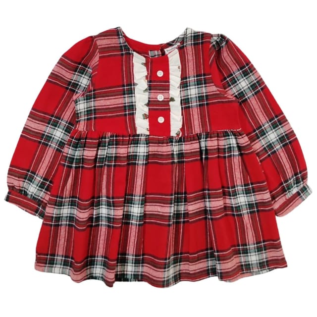 Snowflakes Girls Full Sleeve, Brushed Cotton Fabric With Checks Print - Red