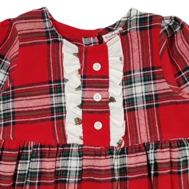 Snowflakes Girls Full Sleeve, Brushed Cotton Fabric With Checks Print - Red