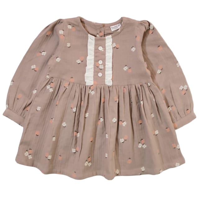 Snowflakes Girls Full Sleeve, Double Gauze Cotton Fabric With Floral Prints - Brown