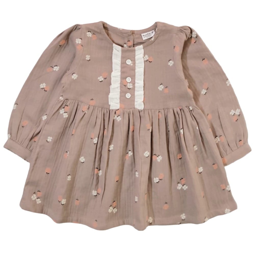 Snowflakes Girls Full Sleeve, Double Gauze Cotton Fabric With Floral Prints - Brown