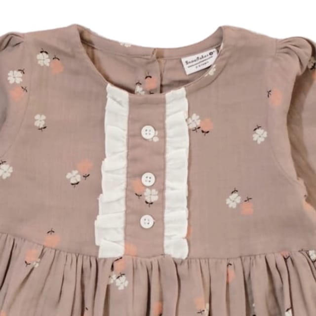 Snowflakes Girls Full Sleeve, Double Gauze Cotton Fabric With Floral Prints - Brown