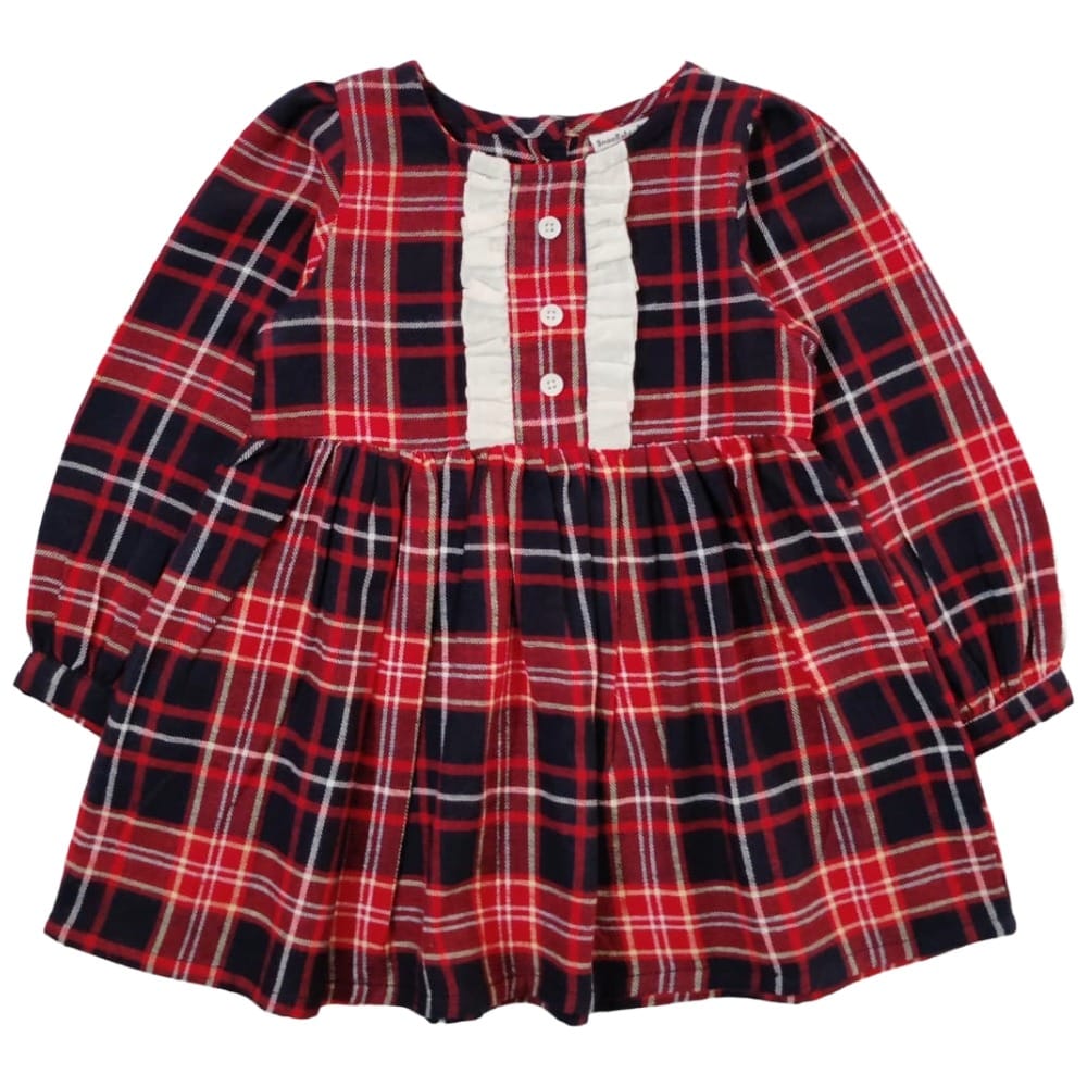 Snowflakes Girls Full Sleeve, Brushed Cotton Fabric With Checks Print - Blue & Red