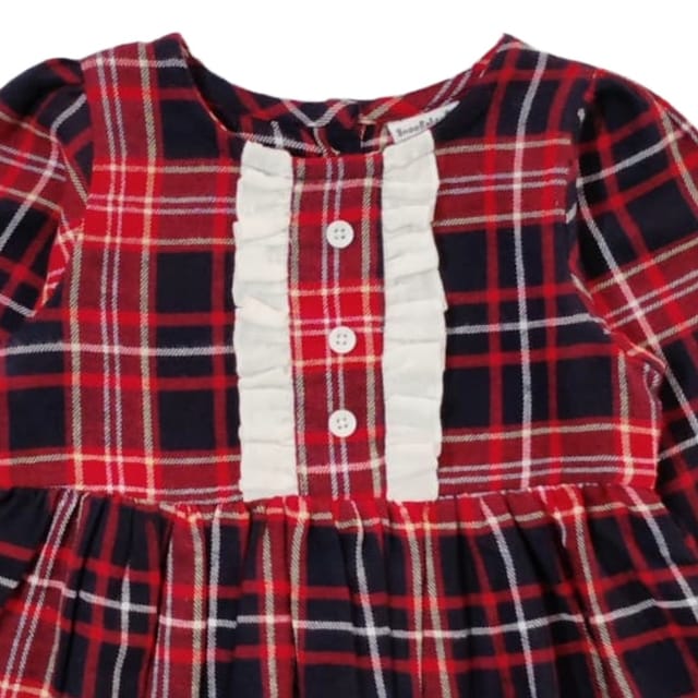 Snowflakes Girls Full Sleeve, Brushed Cotton Fabric With Checks Print - Blue & Red