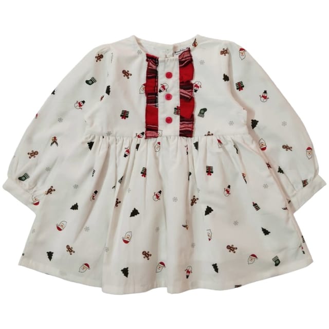 Snowflakes Girls Full Sleeve, Cotton Fabric With Christmas Print - White