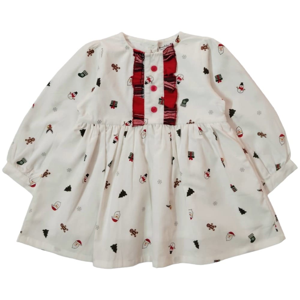Snowflakes Girls Full Sleeve, Cotton Fabric With Christmas Print - White