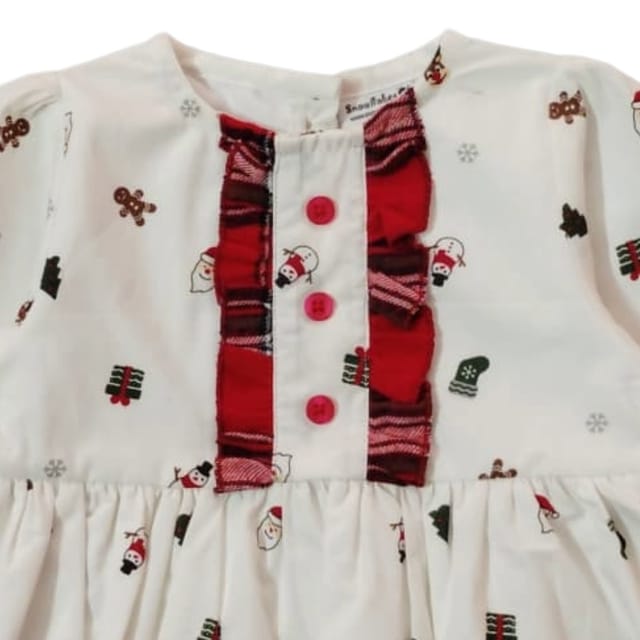Snowflakes Girls Full Sleeve, Cotton Fabric With Christmas Print - White