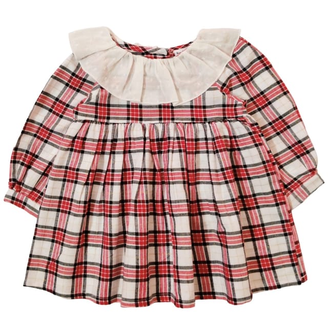 Snowflakes Girls Full Sleeve, Brushed Cotton Fabric With Checks Print - White