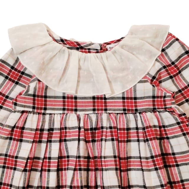 Snowflakes Girls Full Sleeve, Brushed Cotton Fabric With Checks Print - White