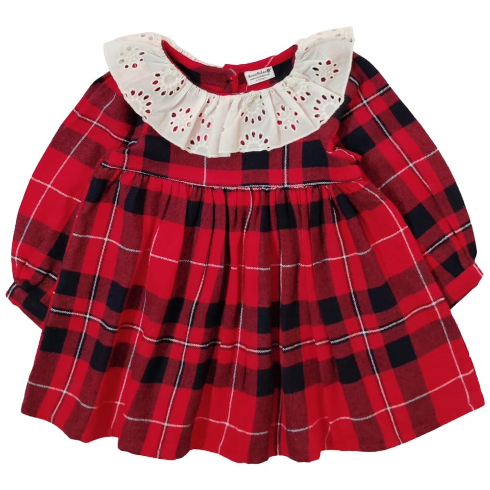 Snowflakes Girls Full Sleeve, Brushed Cotton Fabric With Checks Print - Blue & Red