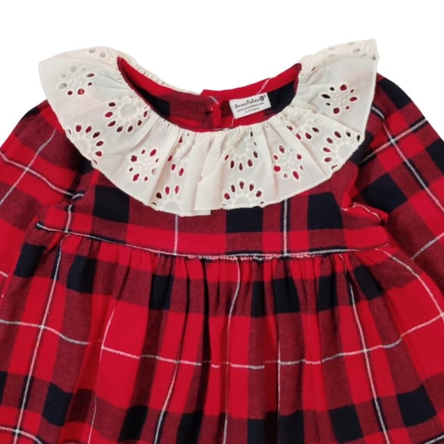 Snowflakes Girls Full Sleeve, Brushed Cotton Fabric With Checks Print - Blue & Red